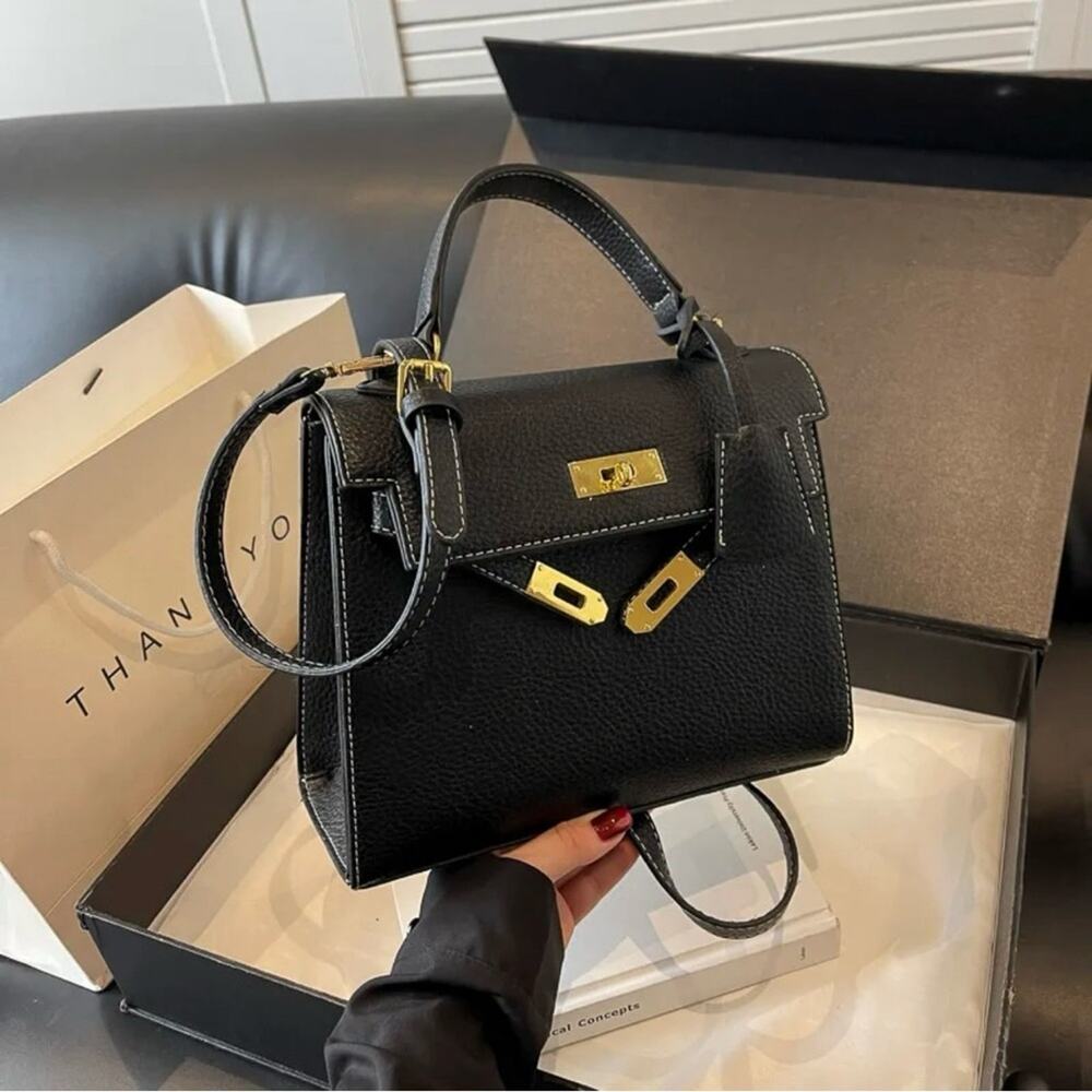 Luxe Textured Black Leather Kelly Style Top Handle Bag Crossbody
